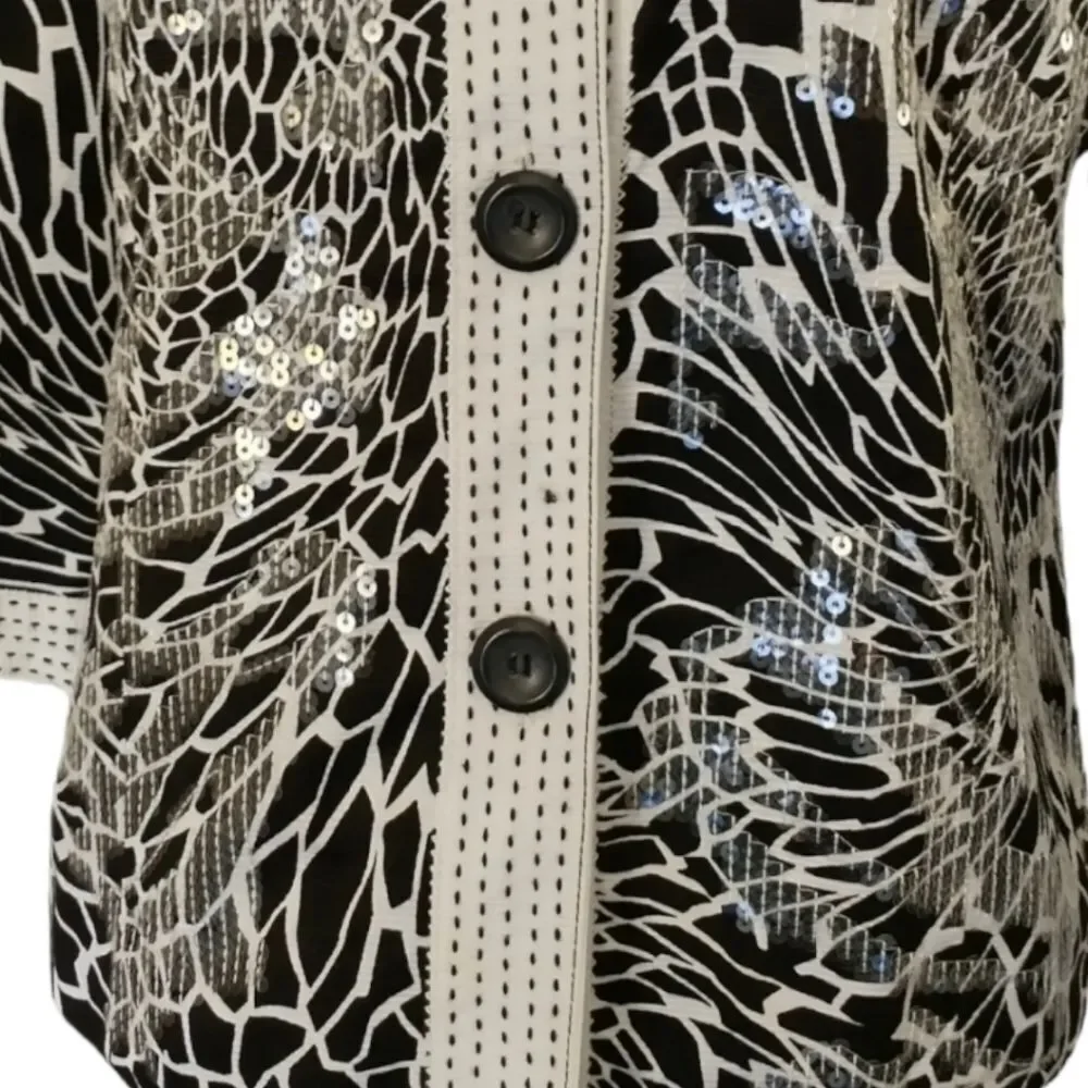 Chicos Floral Sequin Jacket S White Black Embellished 3/4 Sleeve Button‎ Front